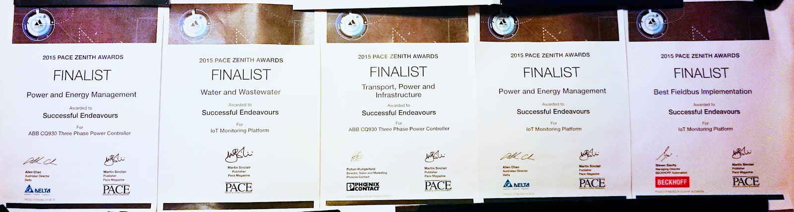 PACE Zenith Awards - 5 Finalist Certificates - Successful Endeavours 2015